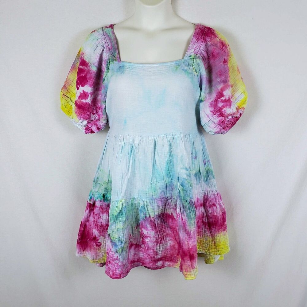 Resort Vacation Tie-Dye Gauze Mini Dress Womens L? Beach Puff Sleeve Self-Tie